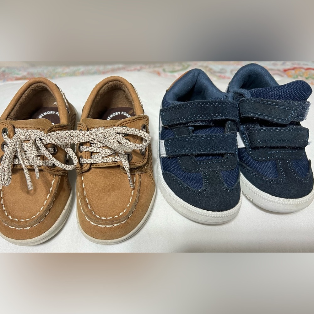 Boys Toddler size 5 shoes. Tan Sperry’s and Navy Blue Cat & Jack.